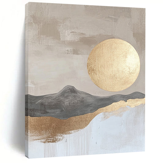 Contemporary hand-painted abstract art featuring a beige and gray landscape with a golden moon on textured paper surface in neutral colors. DLZ0284