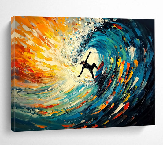 “Surfing The Color Wave” - Blue, Orange, Surfing Oil Painting On Canvas HB0722