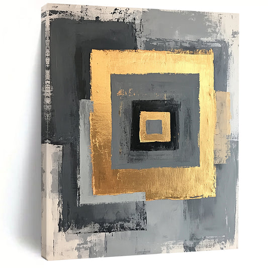 Gray, Black, Gold and White Geometric Squares "Nested Squares" Painting On Canvas HB347