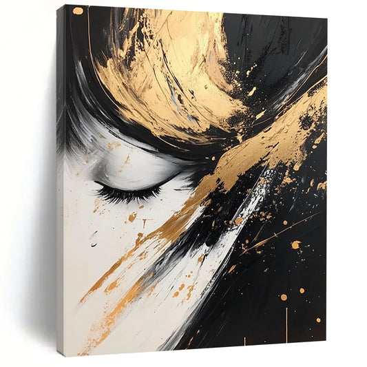 Contemporary hand-painted abstract art featuring dynamic black, white, and gold splashes creating an elegant and beautiful visual experience. DLZ0323