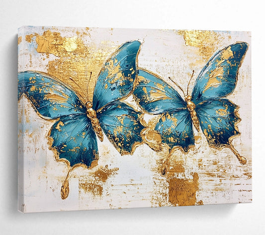 “Blue Butterflies With Gold” - Blue, Gold, White, Textured Floral - Animal Painting On Canvas HB0685