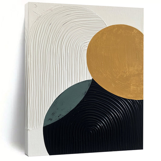 Contemporary hand-painted abstract art featuring minimalist black white and gold elements with textured ovals and curves in soothing beige and green tones. DLZ1353