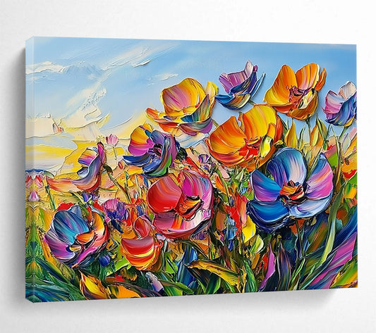 “Vibrant Colorful Flower Field” - Pink, Purple, Orange, Yellow, Textured Flower Field - Impasto Acrylic Painting HB1640