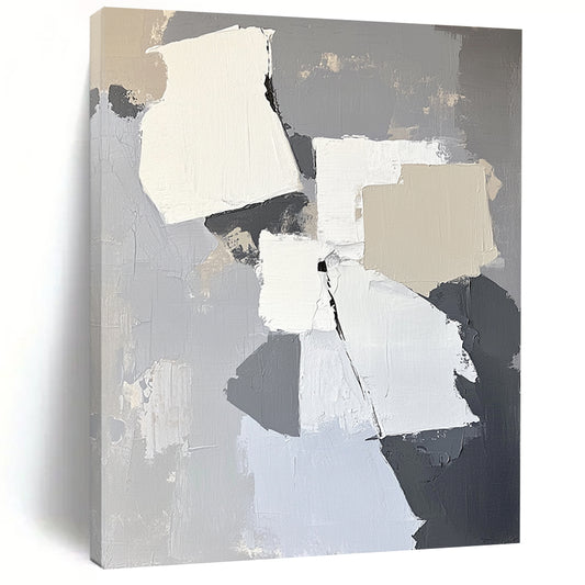 Contemporary abstract artwork featuring gray and white shapes, thick strokes, and a neutral background, perfect for enhancing interior walls. DLZ0804
