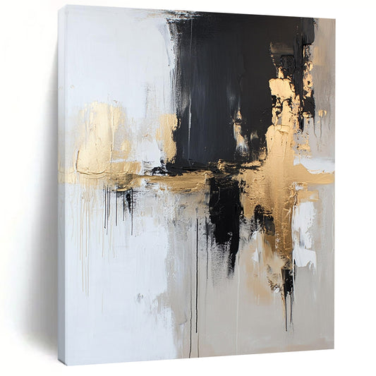Contemporary hand-painted abstract artwork in neutral tones with gold accents, blending black and white elements for a striking visual impact. DLZ0518