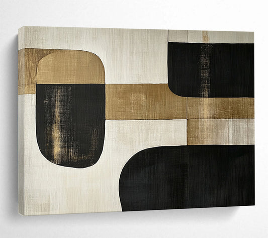 “Minimalist Gold - Black Shapes” - Gold, Black, Minimalist Abstract Painting On Canvas HB0782