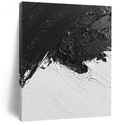 Contemporary abstract oil painting features a snowy landscape in black and white inspired by classic artistry, capturing a unique aerial perspective. DLZ0298