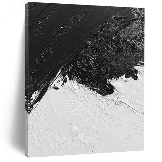 Contemporary abstract oil painting features a snowy landscape in black and white inspired by classic artistry, capturing a unique aerial perspective. DLZ0298
