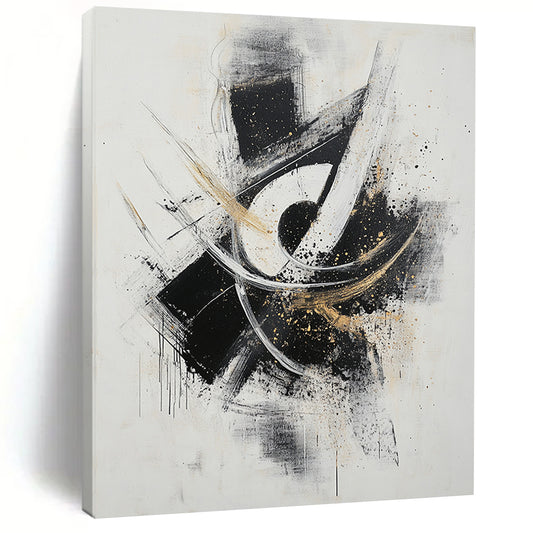 Black, White, Gray, Gold, Dynamic Swirls "Gilded Motion" Abstract Expressionist Painting On Canvas HB071