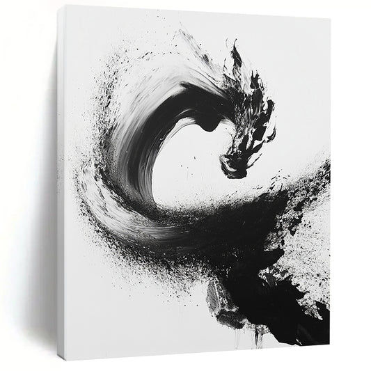 Black Curved Brushstroke with Splatter - “Flowing Enso Energy” Painting On Canvas HB245