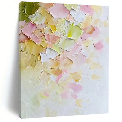 Contemporary hand-painted abstract art features soft pastel petals on textured canvas evoking warmth and serenity in a minimalist springtime style. DLZ1192