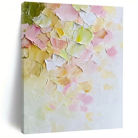 Contemporary hand-painted abstract art features soft pastel petals on textured canvas evoking warmth and serenity in a minimalist springtime style. DLZ1192