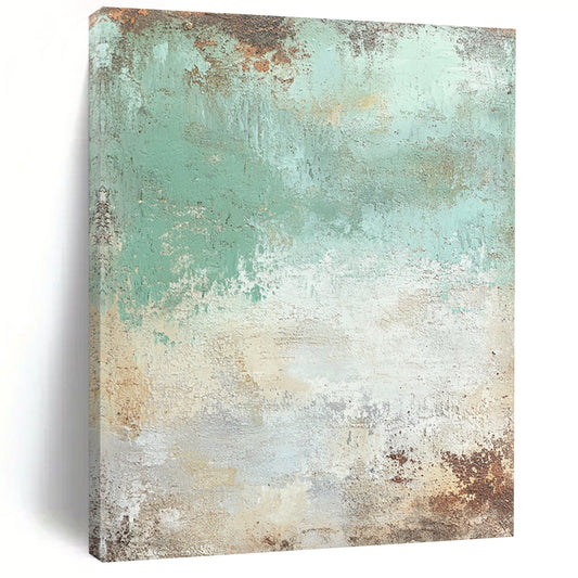 Contemporary abstract painting featuring seafoam green and cream textures with brown and rust accents, mixed media, artistically distressed details. DLZ0659