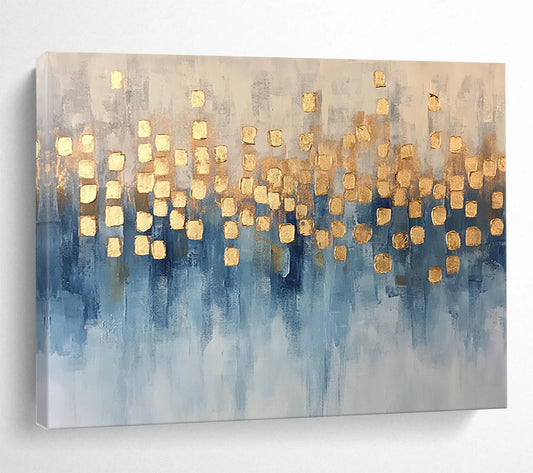 “Blue and Gold Dots” - Blue, Gold, White, Abstract Dotted Painting On Canvas HB1055