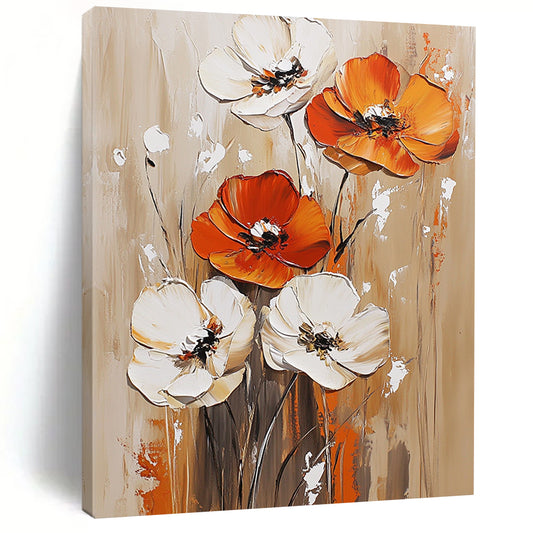 Contemporary hand-painted abstract artwork featuring vibrant orange and white flowers on a light brown background with rich accents in dark red and gold. DLZ0631