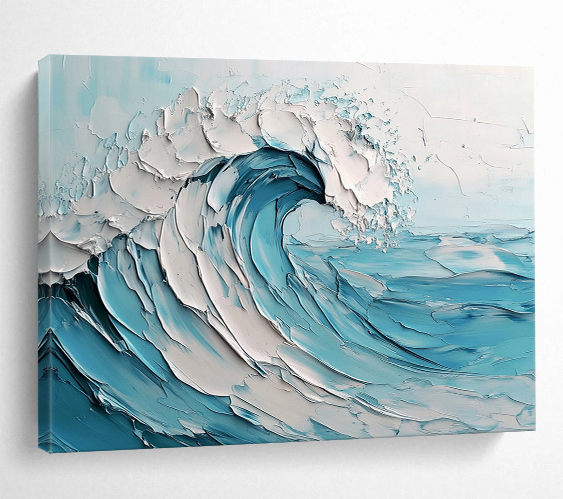 Blue and White Textured Wave "Crashing Serenity" Painting On Canvas HB0419