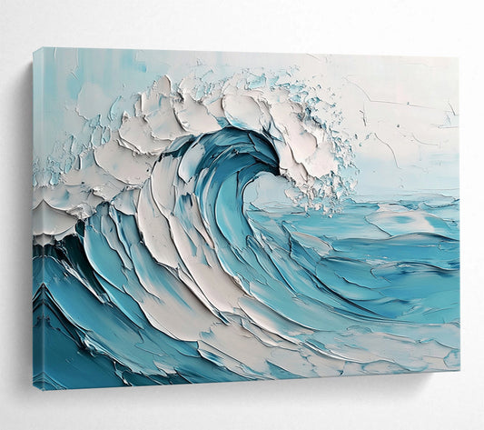 Blue and White Textured Wave "Crashing Serenity" Painting On Canvas HB0419