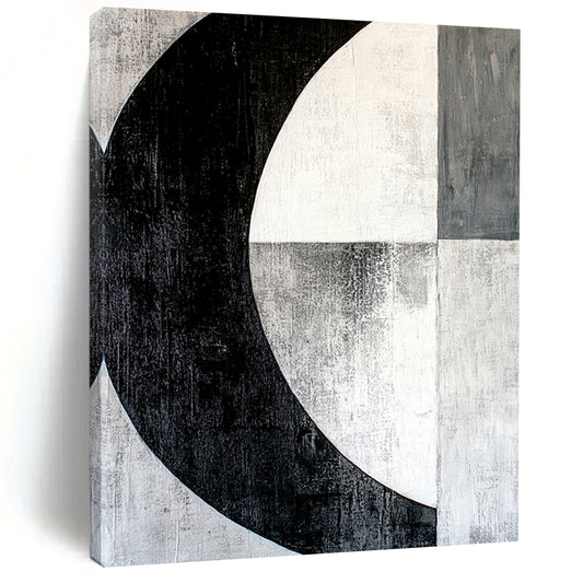 Black, White, Gray, Textured Crescent "Midnight Moon" Abstract Expressionist Painting On Canvas HB104