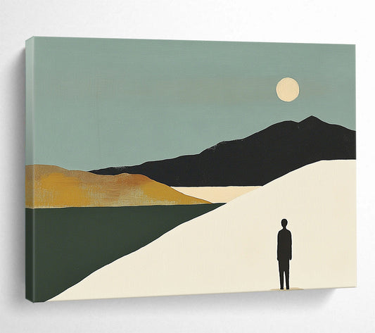 “Figure in Moonlit Landscape” - Teal sky, black mountains, white dune, Modern Landscape Painting On Canvas HB0607
