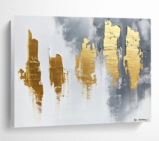 “Gray - Gold Strokes” - White, Gray, Gold with Bold Strokes - Abstract Acrylic Painting HB1339