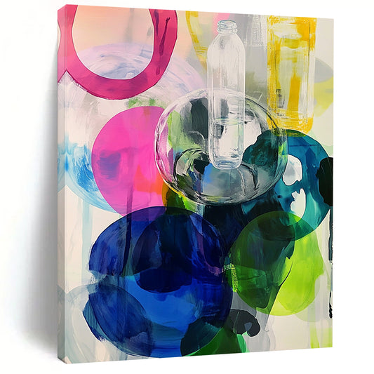 Contemporary abstract artwork featuring large round shapes in vibrant pinks blues greens and yellows enhanced with transparent plastic bottles. DLZ0984
