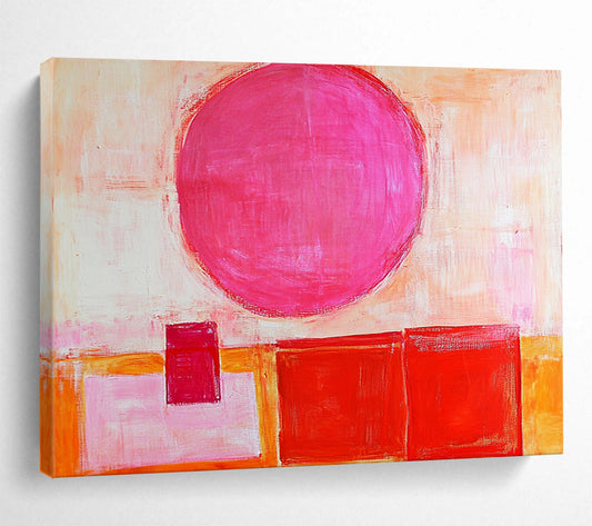 “Pink Sphere & Reds” - Bold pink, warm reds, soft oranges, whites; Geometric sphere and blocks; Modern Abstract Painting On Canvas HB1155