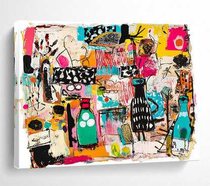“Colorful Collage Chaos” - Multicolor, Abstract Objects, Collage - like - Mixed Media Painting HB1483
