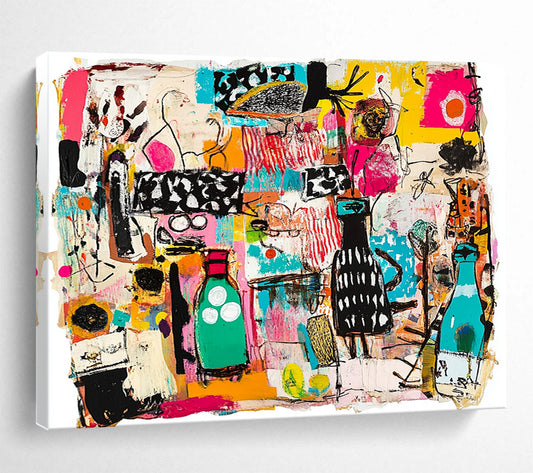“Colorful Collage Chaos” - Multicolor, Abstract Objects, Collage - like - Mixed Media Painting HB1483