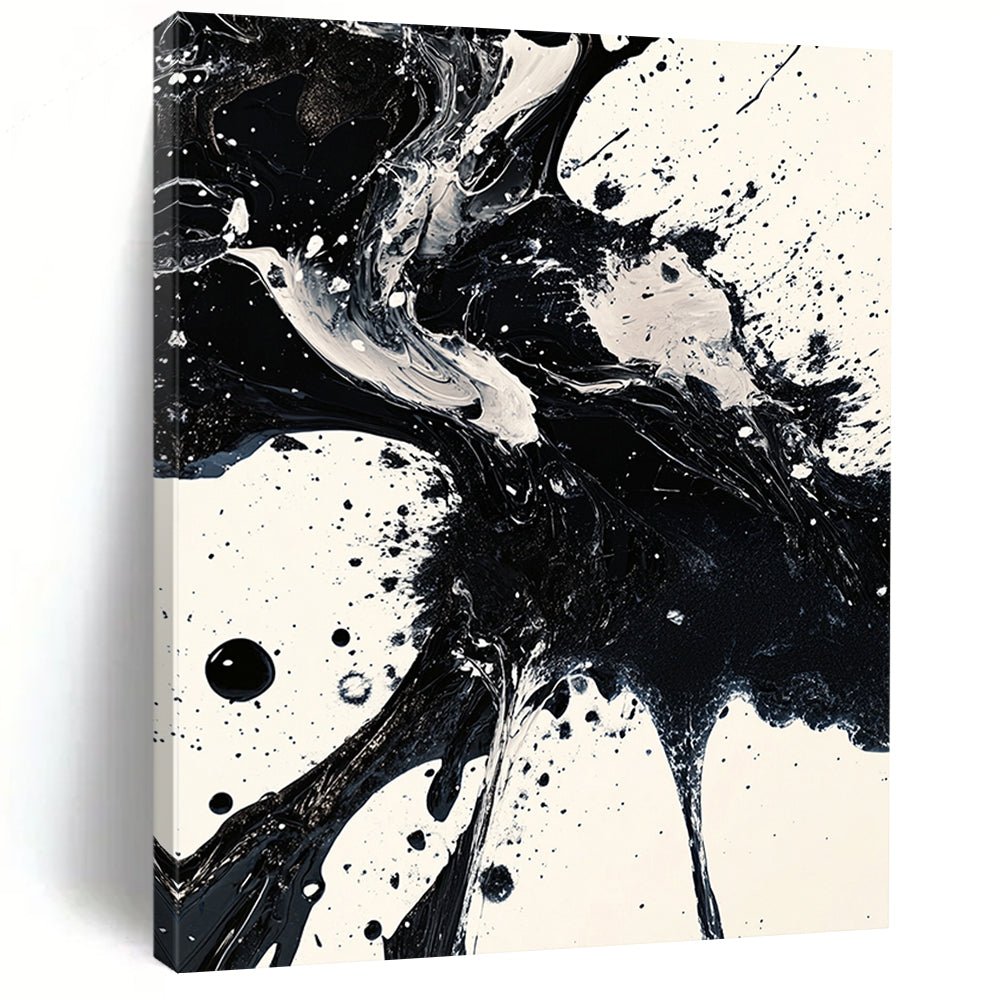 Black, White, Fluid Ink Blends "Ink Fusion" Abstract Expressionist Painting On Canvas HB139