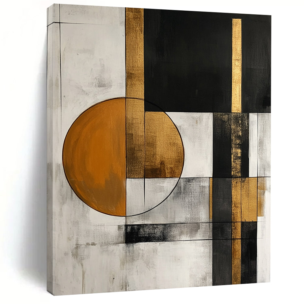 Contemporary abstract painting with white black gray and gold shapes featuring an orange circle and simple forms perfect for modern decor. DLZ0765
