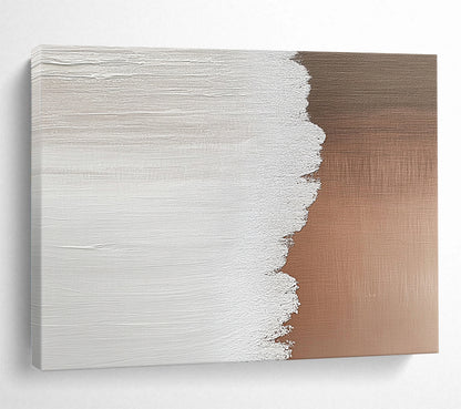 “White and Warm Brown Textured Split” - Minimalist Abstract Painting On Canvas HB0509