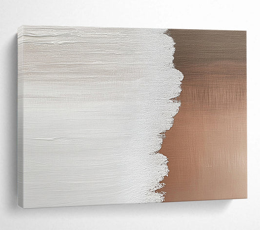 “White and Warm Brown Textured Split” - Minimalist Abstract Painting On Canvas HB0509