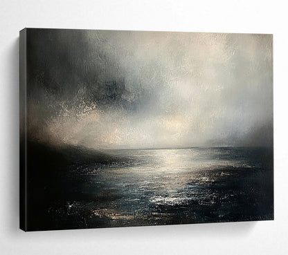 “Moody Sea Landscape” - Gray, Black, White, Atmospheric Seascape Painting On Canvas HB1001