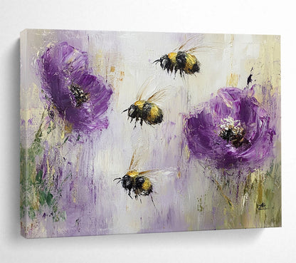 “Buzzing Bees and Purple Poppies” - Purples, Yellows, Blacks, Nature Scene - Textured Oil Painting HB1564