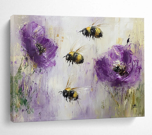 “Buzzing Bees and Purple Poppies” - Purples, Yellows, Blacks, Nature Scene - Textured Oil Painting HB1564