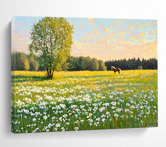 “Sunlit Field with Tree and Horse” - Bright Greens, Yellows, Blues, Field with Tree and Horse - Realist Oil Painting HB1688