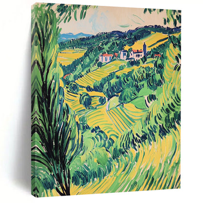 Contemporary hand-painted abstract artwork capturing a vibrant Valençay valley in green and yellow hues, showcasing a vintage style elegance. DLZ1692