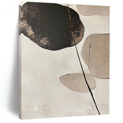 Large contemporary abstract art featuring minimalist Japandi design with stone and leaf forms in beige and neutral tones against a white background. DLZ1616