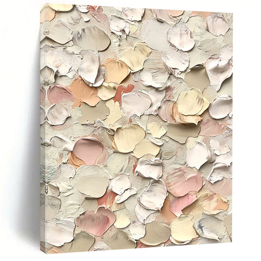 Large contemporary hand-painted abstract art featuring small flowers in cream and pink hues with thick impasto texture against a white background. DLZ0641