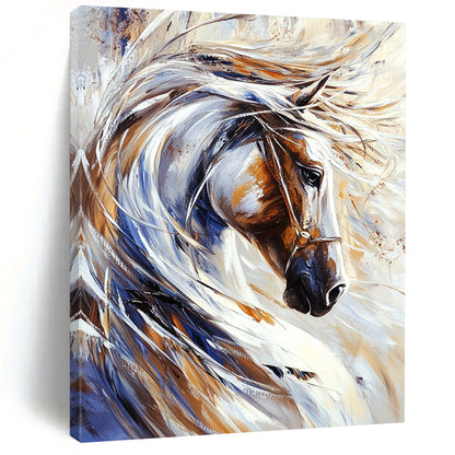 Contemporary abstract painting featuring a majestic white horse with flowing mane and dynamic brush strokes on a pristine background. DLZ1531
