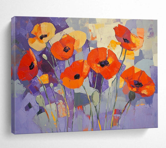 “Purple Poppy Patch” - Purple, Orange, Abstract Flowers - Cubist Oil Painting HB1488