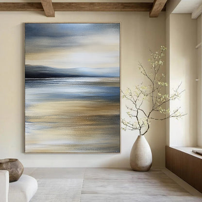 Contemporary hand-painted abstract art captures a tranquil beach scene with calm sea and an overcast sky in soothing shades of grey and blue. DLZ0999