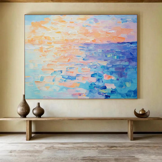 “Pastel Sunset Sea” - Peach, Orange, Blue, Purple, Soft Seaside Dusk Painting On Canvas HB1035