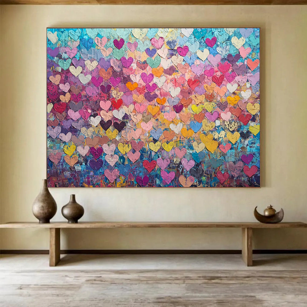 “Colorful Heart Collage” - Multicolor hearts, vibrant background, Textural Abstract Painting On Canvas HB0596
