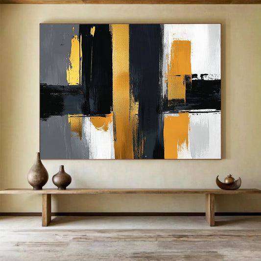 “Geometric Gold - Black Columns” - Gold, Black, Gray, Geometric Columns Painting On Canvas HB0807
