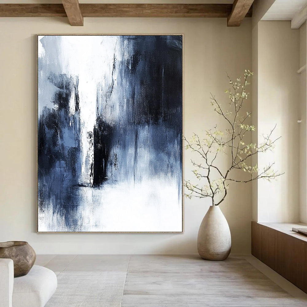 Contemporary abstract painting features dark gray and white tones, minimalist style, heavy textures, and emotional depth, showcasing a distant waterfall. DLZ0704