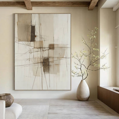 Contemporary abstract painting features neutral tones and soft lines with a wire structure and textures, enhancing its modern aesthetic. DLZ1047