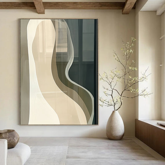 Large contemporary hand-painted abstract artwork features beige and white curved lines on a dark gray background, evoking calm minimalism for modern interiors. DLZ1189
