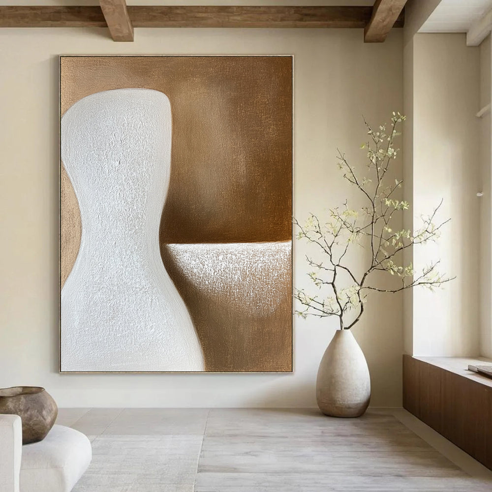 Contemporary abstract art featuring soft beige tones with elegant curves and gentle shadows, creating a serene minimalist composition on a textured canvas surface. DLZ0998