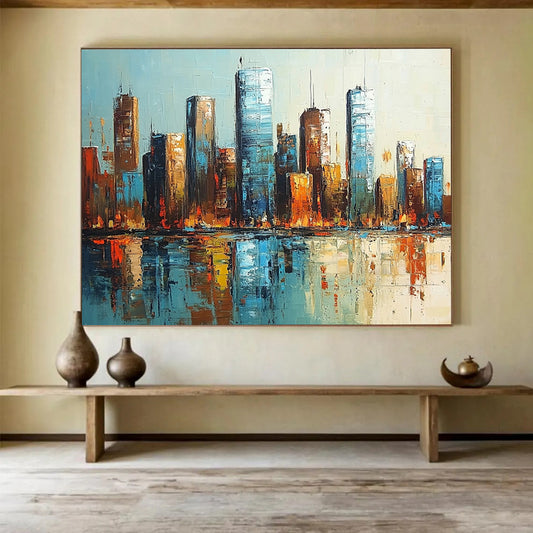 “Cityscape Reflections” - Blues, Browns, Oranges, Urban Skyline - Impressionist Oil Painting HB1591